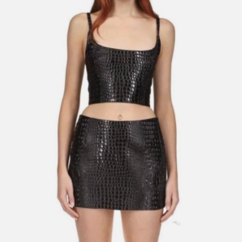 Black Mia Vesper Croc-Embossed Two-Piece Set